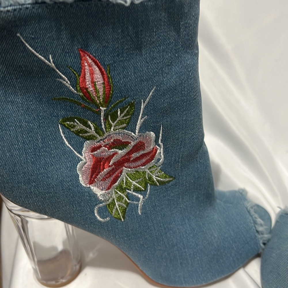 Glaze Denim Peep Toe Ankle Booties with Floral Embroidery & Clear Block Heel - Picture 11 of 12